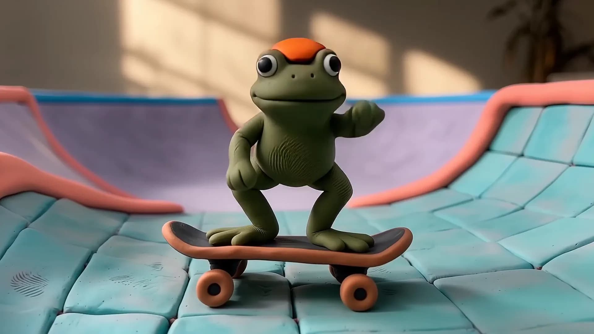 Clay frog landing a skateboard trick in a handmade bowl park