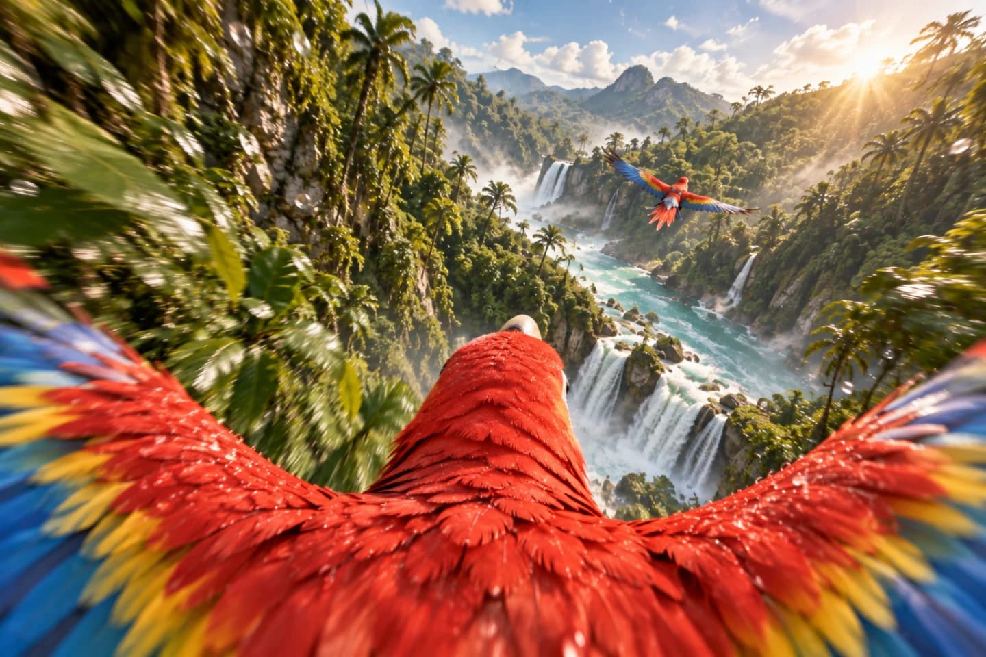 Action-camera POV from a scarlet macaw flying above tropical waterfalls
