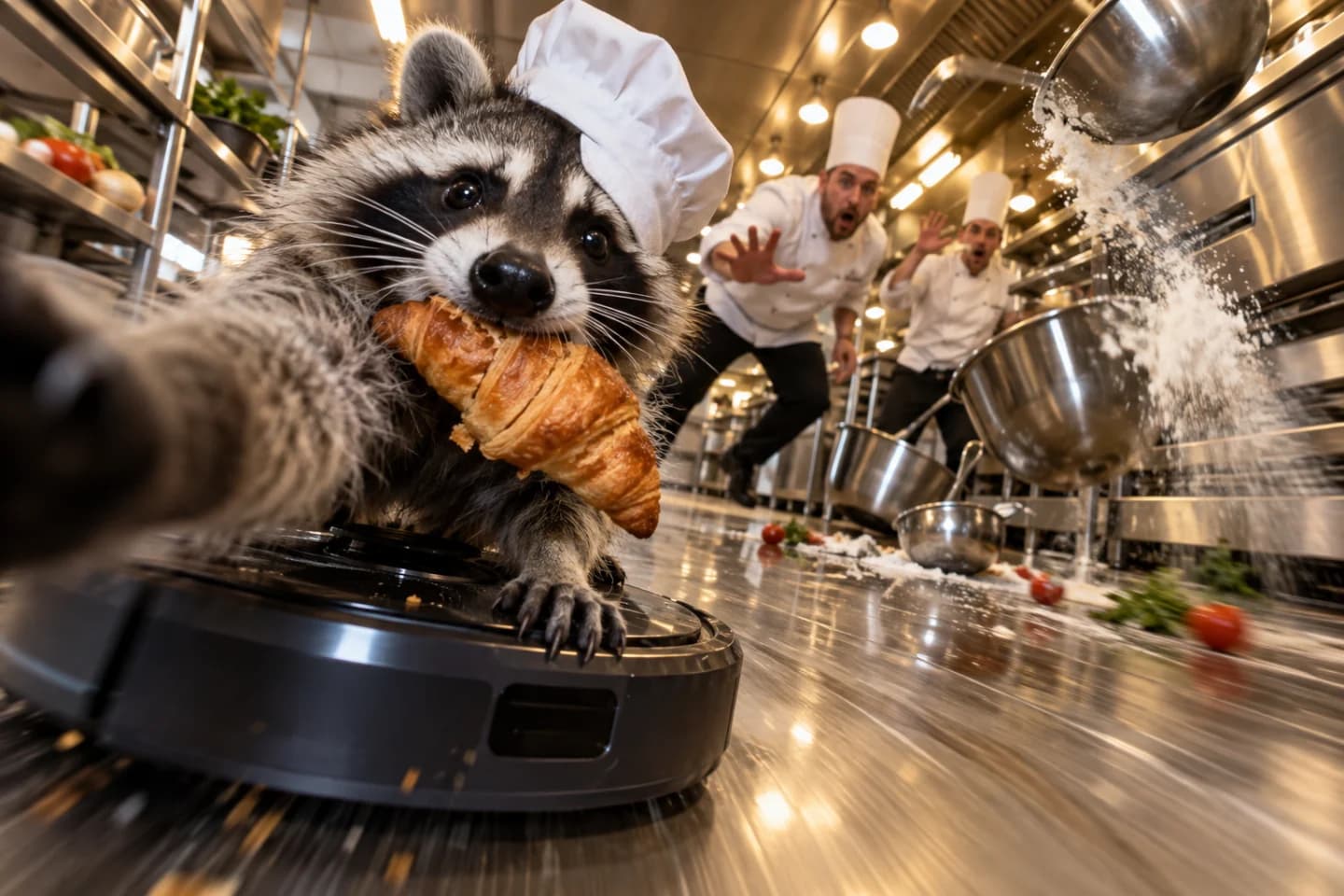 Raccoon riding a robot vacuum through a busy kitchen