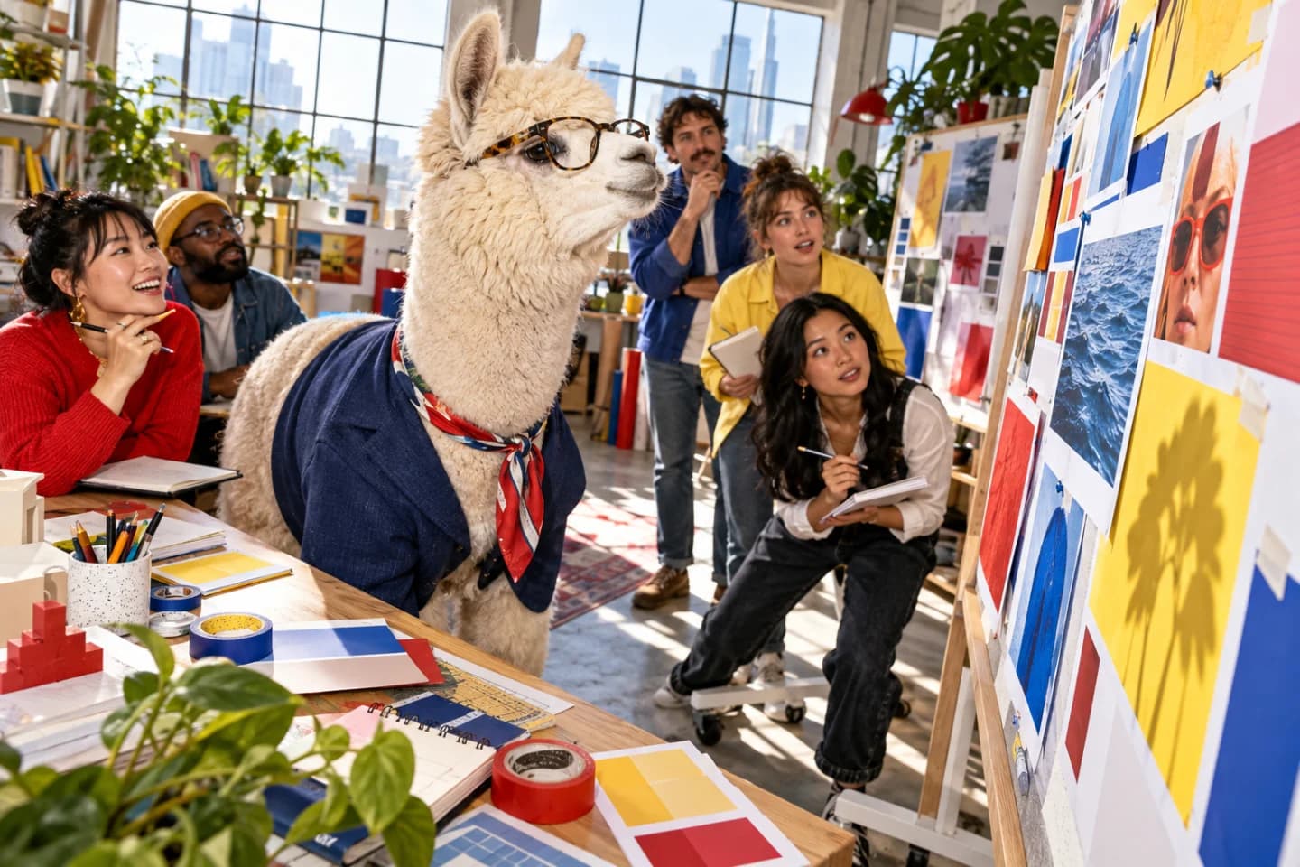 Alpaca leading a colorful creative studio critique