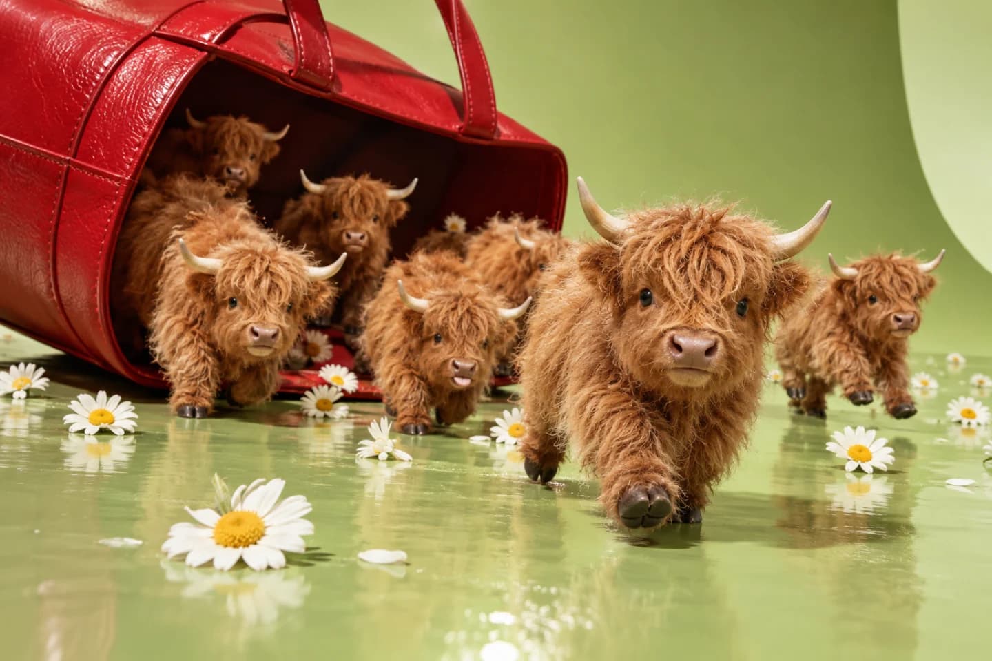 Tiny Highland cows running from a red handbag