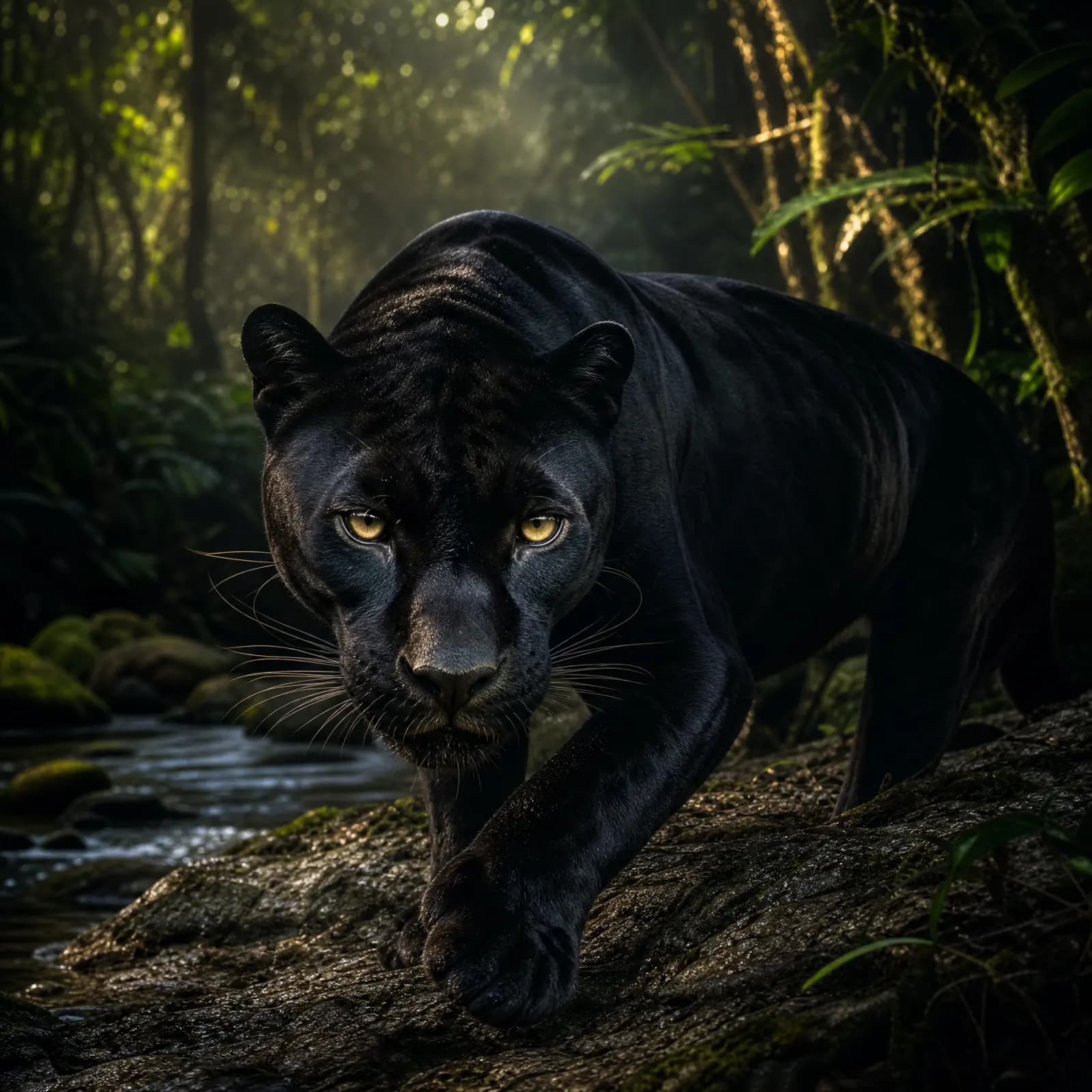 Black panther moving through a sunlit rainforest