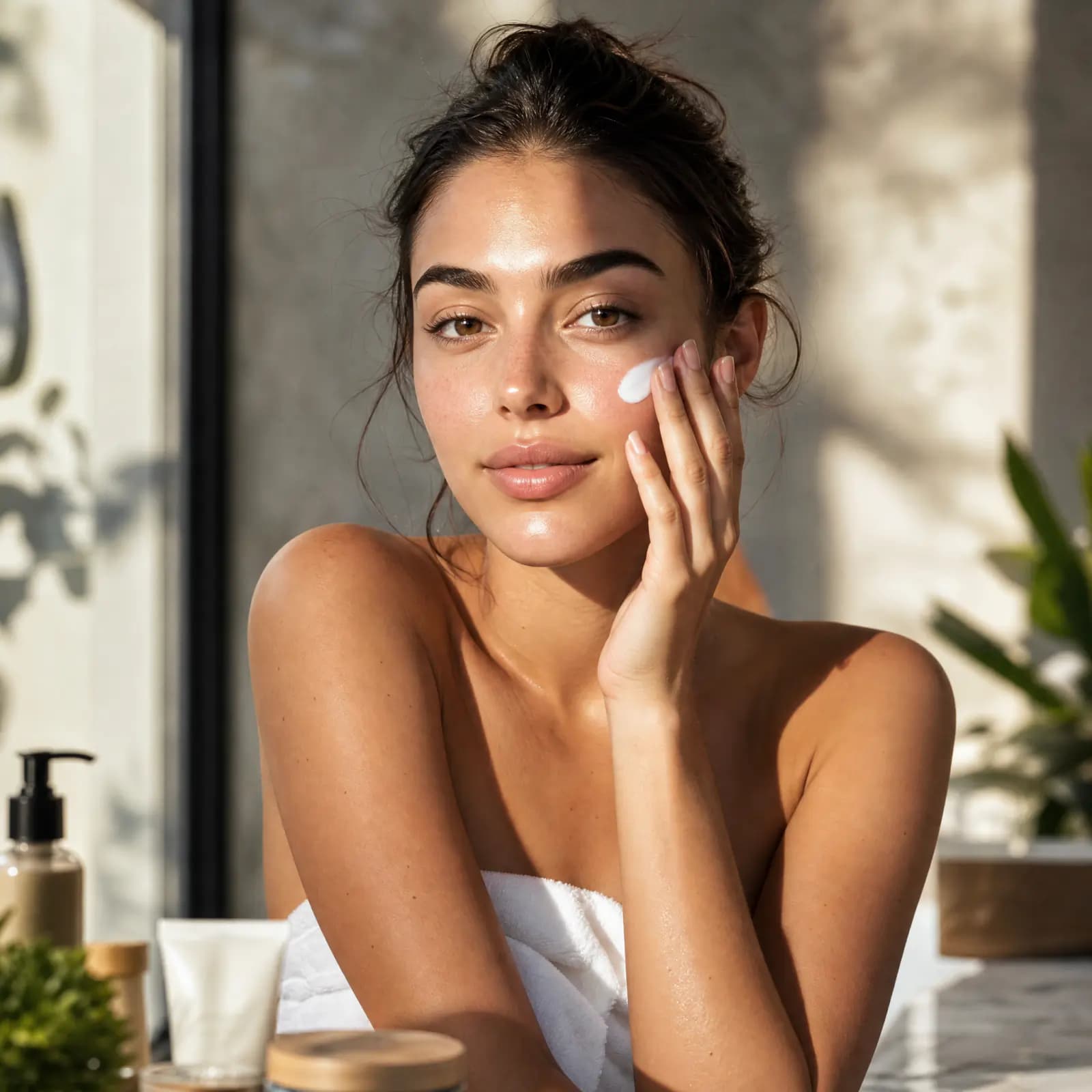 Botanical skincare portrait in warm window light