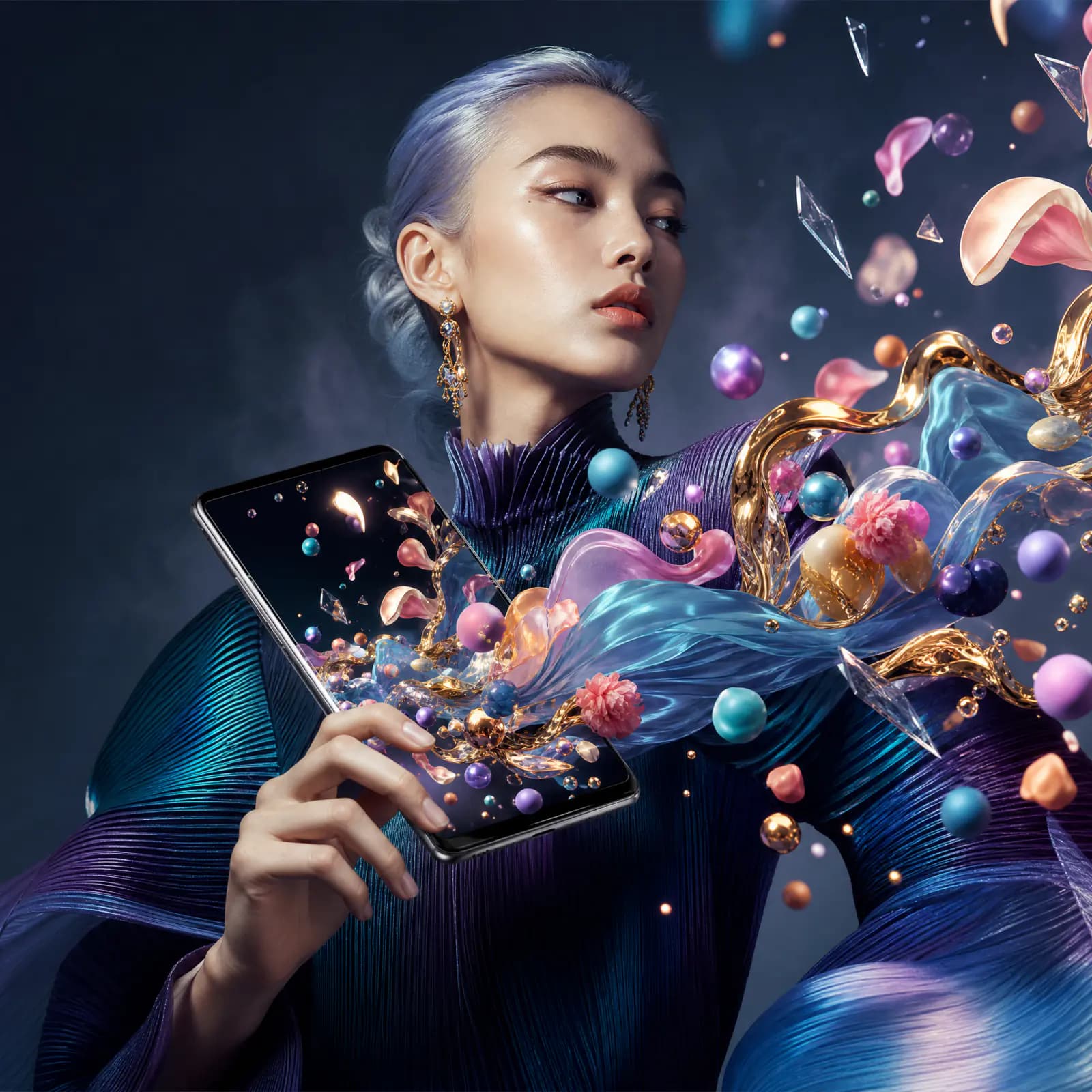 Editorial fashion portrait surrounded by colorful glass forms