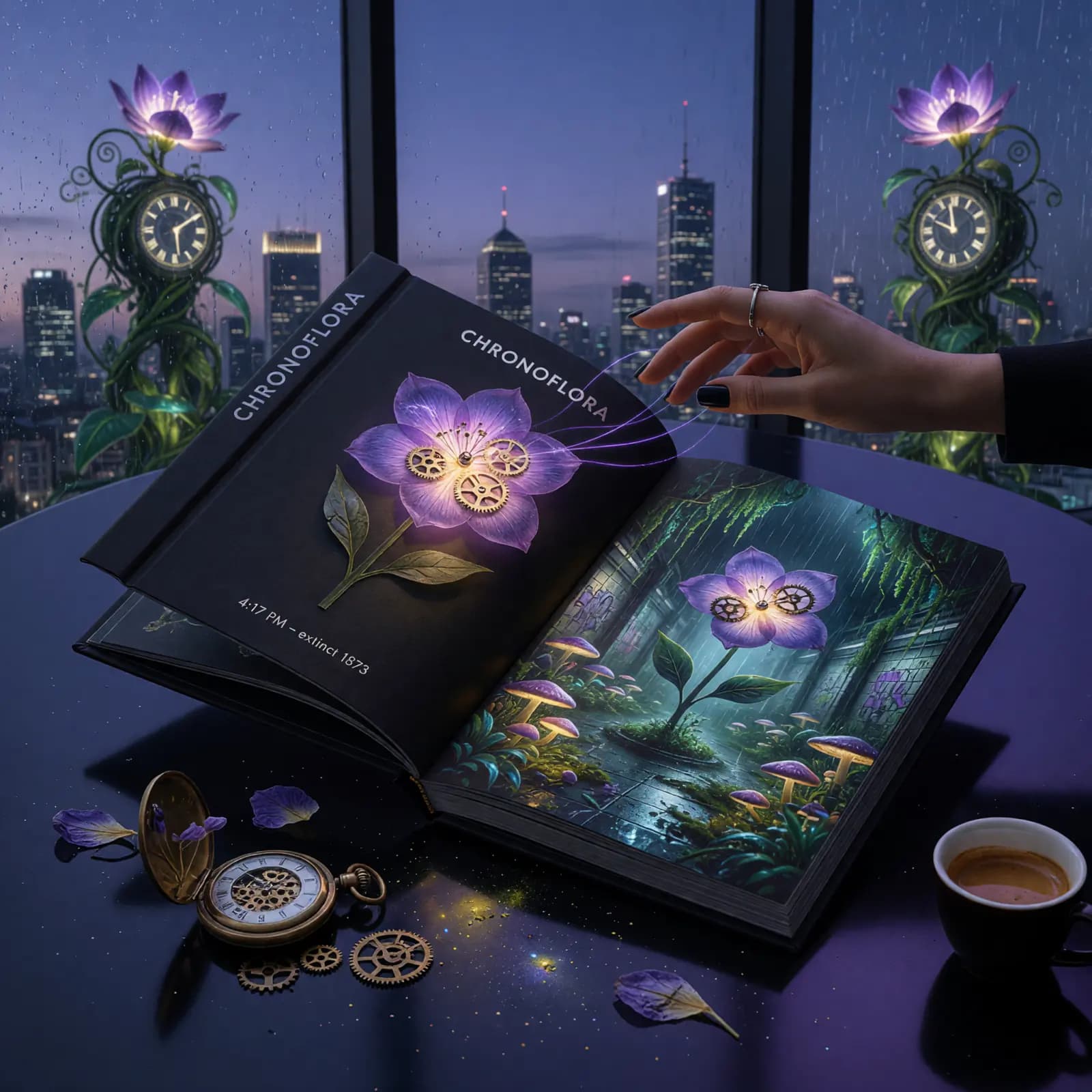 A glowing mechanical flower story presented in an open book