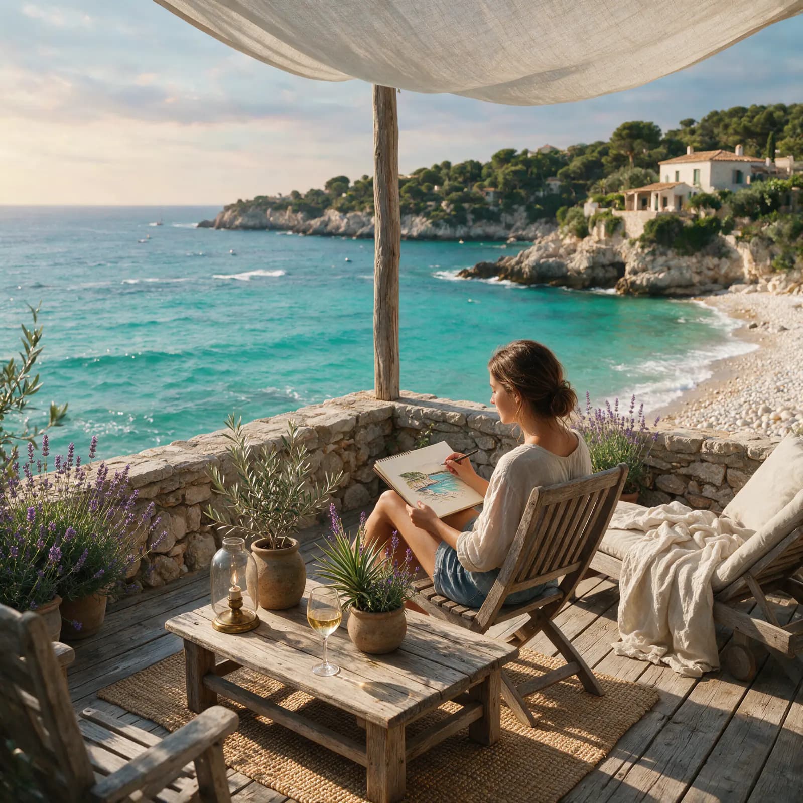 Creative workspace overlooking a clear blue coast