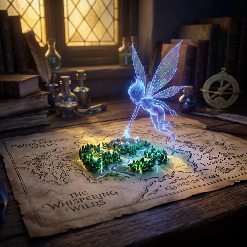 Glowing fairy bringing a fantasy map to life