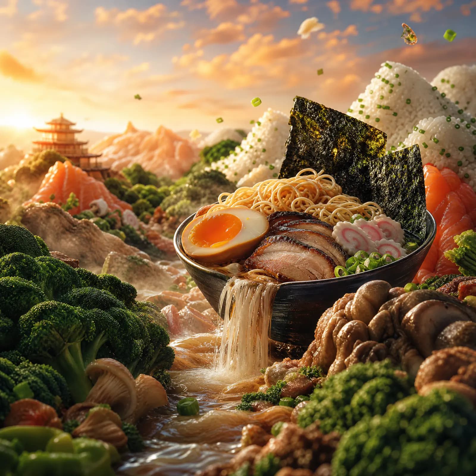 Surreal ramen landscape with noodles flowing through green hills