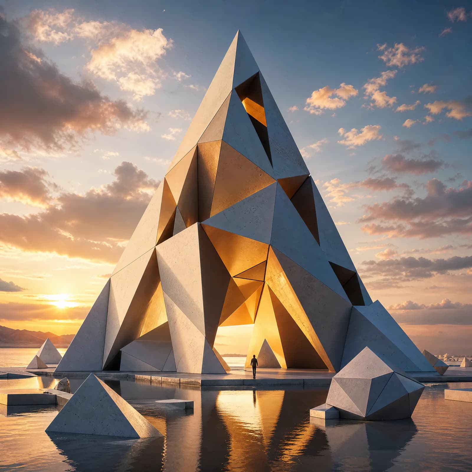 Geometric mirrored pavilion beside the sea