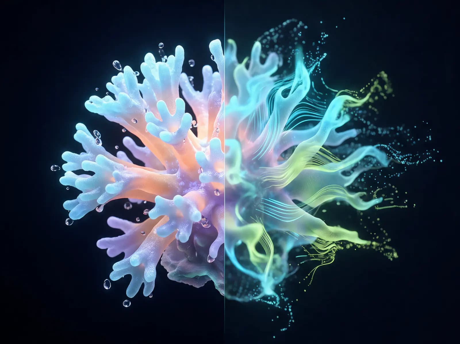 Bioluminescent coral blooming underwater