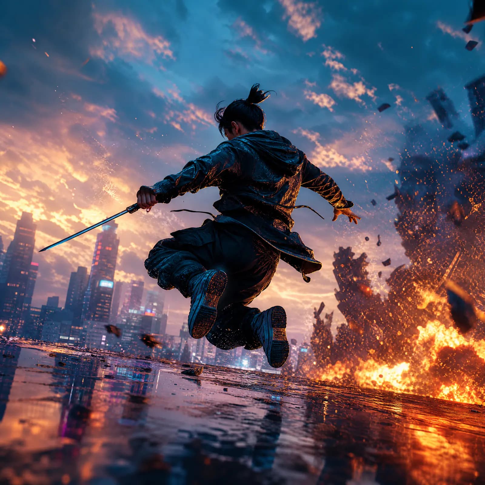 Cinematic ninja leaping across a rain-soaked rooftop