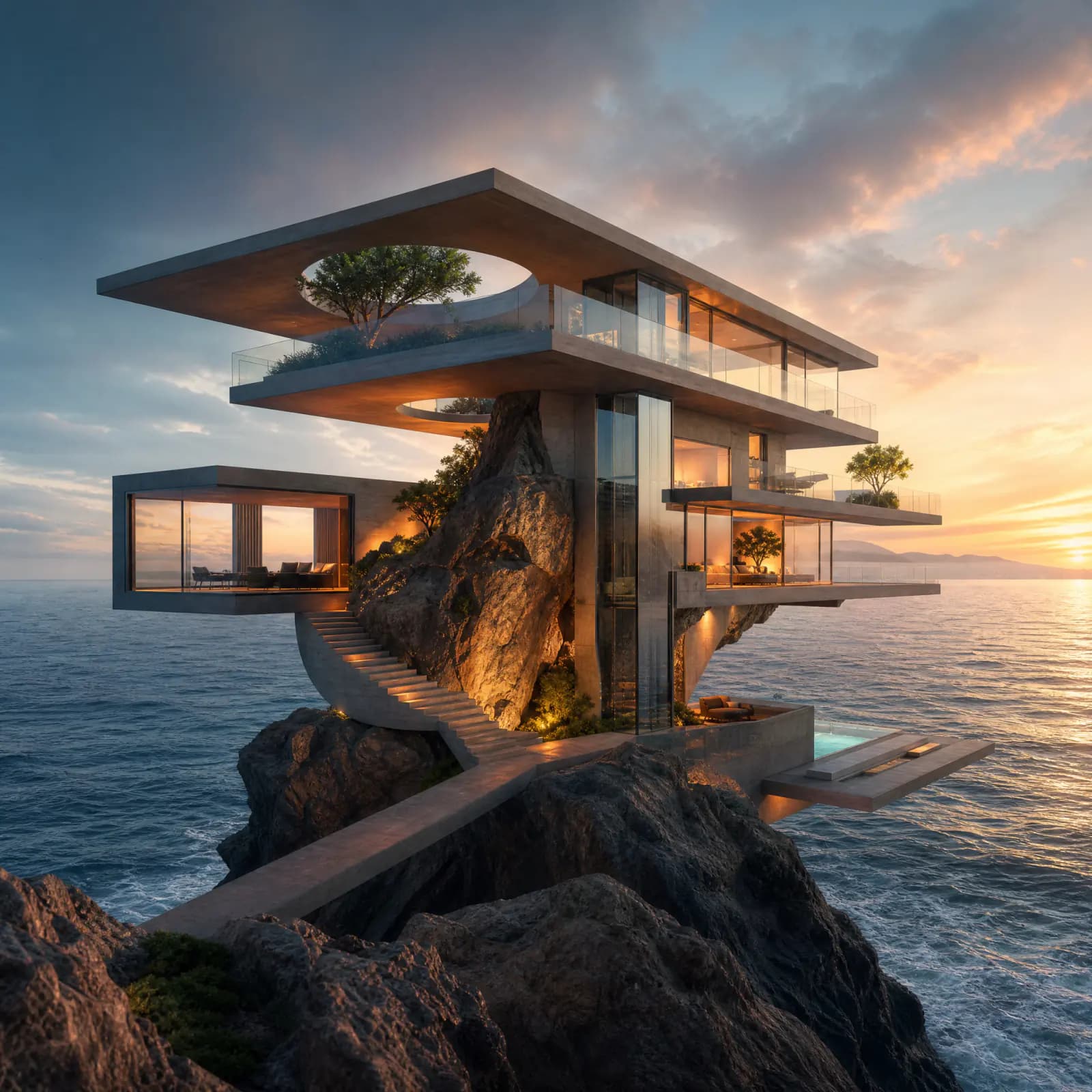 Modern cliffside house above the ocean at sunset