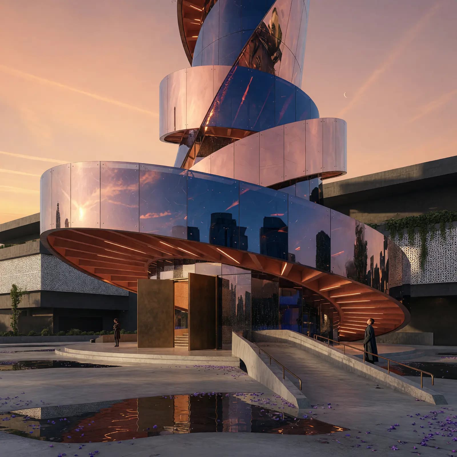 Sculptural mirrored building glowing at sunset