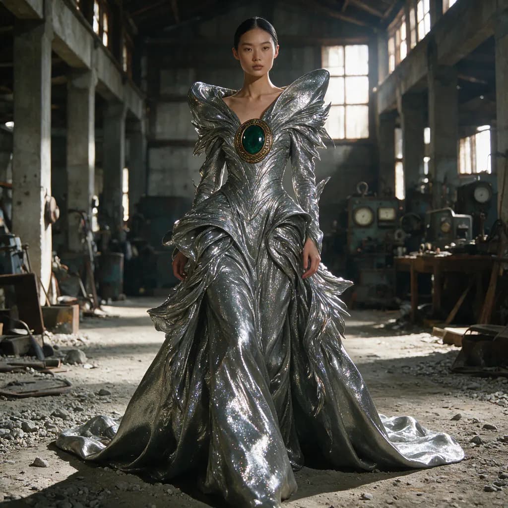 Silver couture gown photographed in an industrial atelier